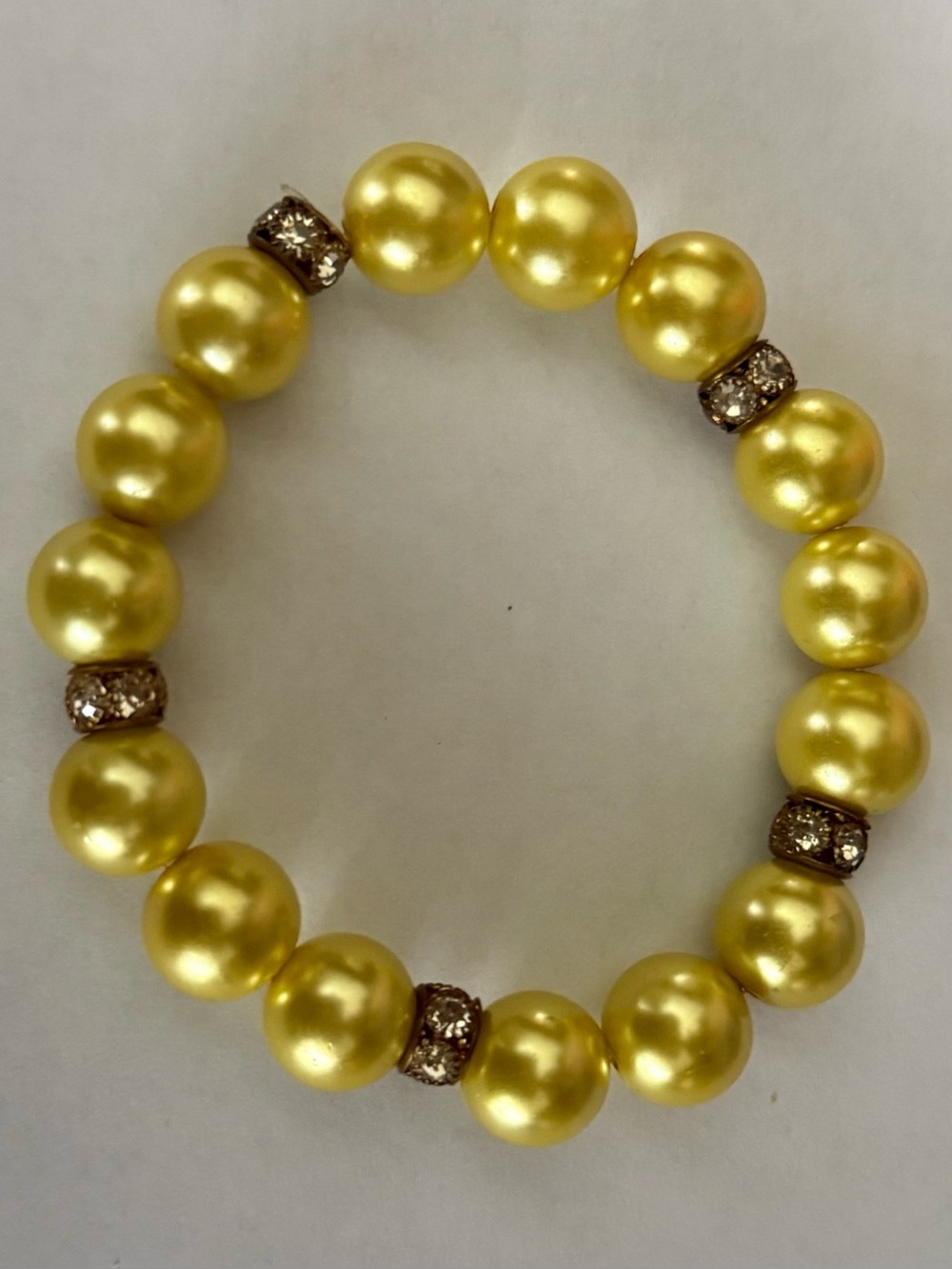 Vintage Yellow Glass Pearl Stretch Bracelet with Rhinestone Spacers